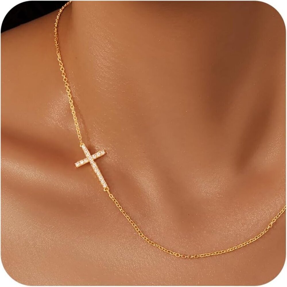 Womens 05 Sideway  Gold 14K Gold Silver Cross Necklace - Non Tarnish Jewelry
